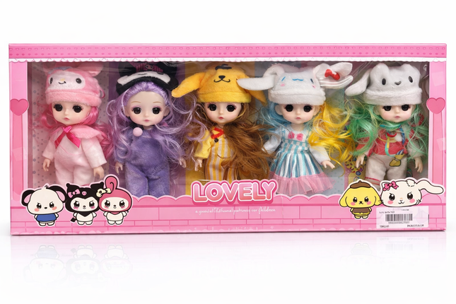 Lovely Mini Doll Set (6 Dolls) with Cute Animal Caps – Fashion Doll Pack (3+ Years)