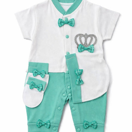 Elegant Baby Boy White & Mint Green Romper with Crown & Bow Design
