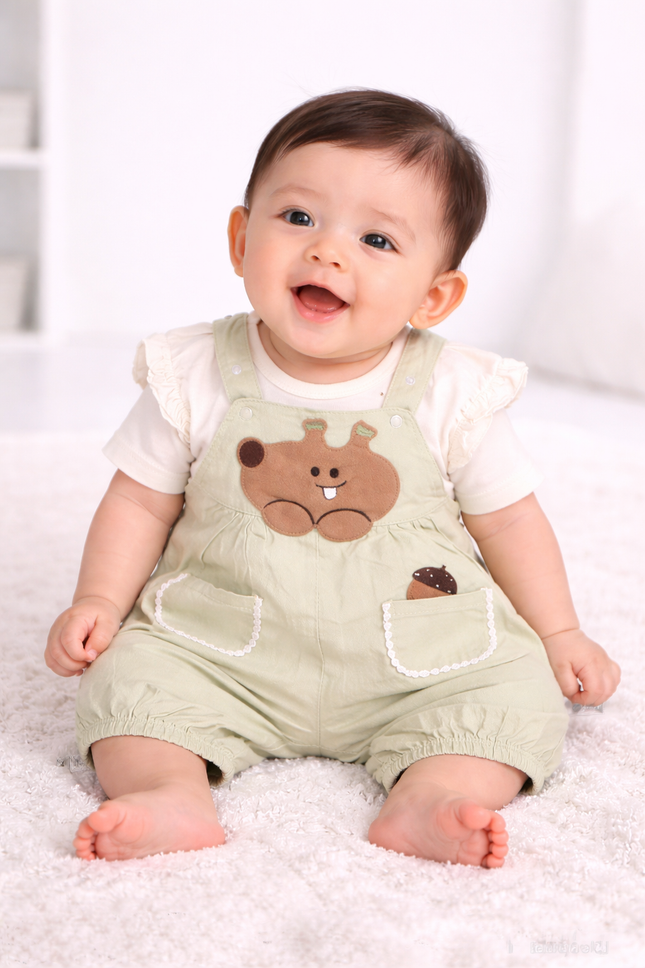 Adorable Baby Girls 2-Piece Dungaree Set with Bear Patch – Soft Cotton Outfit