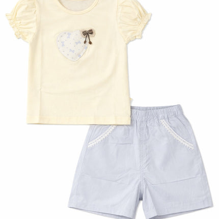 Baby Girl Puff Sleeve Heart Patch T-Shirt & Lace-Trimmed Shorts 2-Piece Summer Set