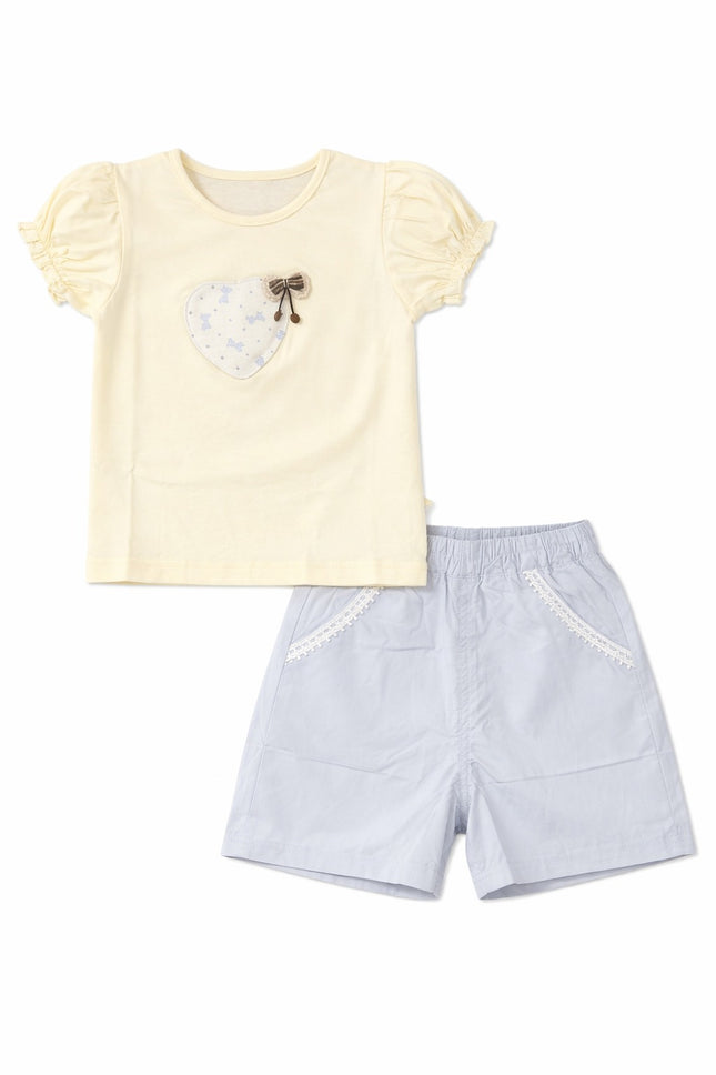 Baby Girl Puff Sleeve Heart Patch T-Shirt & Lace-Trimmed Shorts 2-Piece Summer Set