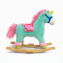 Kids Plush Unicorn Rocking Ride-On with Wheels – Soft Wooden Rocker Toy (Mint Green & Pink)
