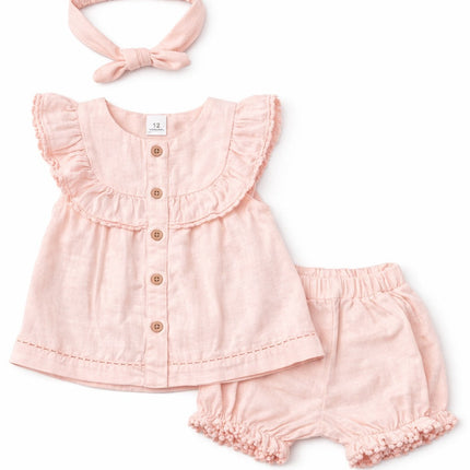 Baby Girl Peach Pink Summer Dress Set with Headband (3-Piece)