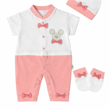 Baby Girl 4-Piece Summer Romper Set: Snap-Front Jumpsuit, Matching Beanie, and Mittens