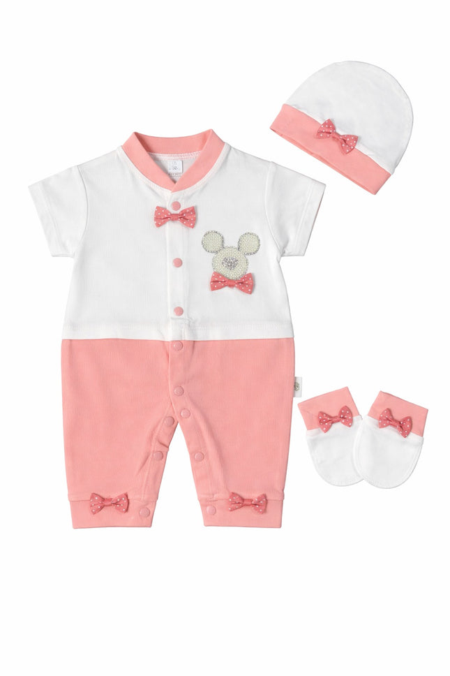 Baby Girl 4-Piece Summer Romper Set: Snap-Front Jumpsuit, Matching Beanie, and Mittens