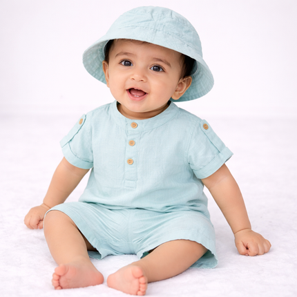 Baby Boy Mint Blue Summer Outfit Set with Hat (3-Piece)