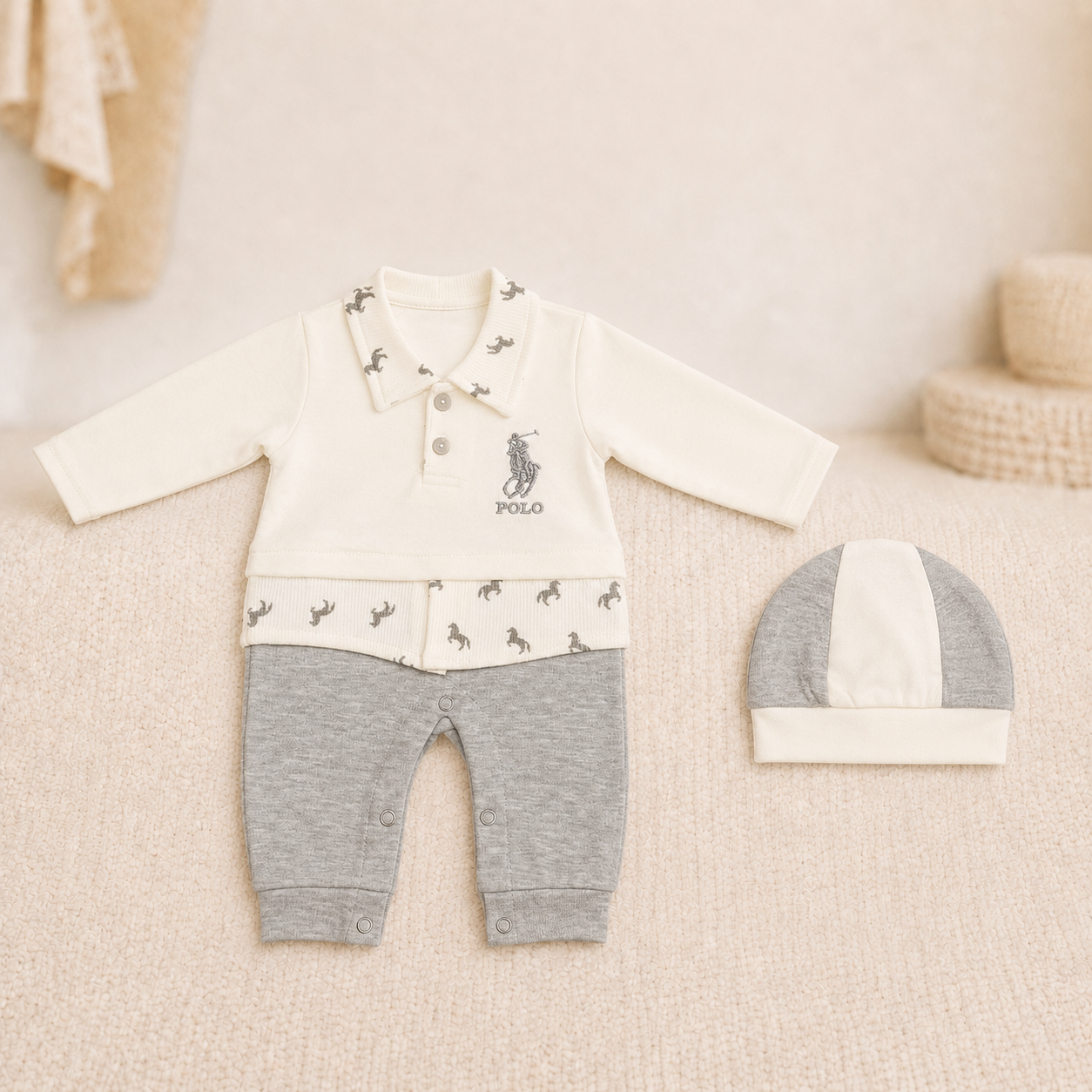 Early-Winter Polo Romper Set with Cap – Cream & Grey