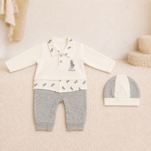 Early-Winter Polo Romper Set with Cap – Cream & Grey