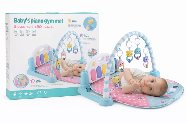 5-in-1 Baby Piano Gym Mat with Musical Kick Pad & Hanging Toys – Early Development Play Mat (Pink Edition)