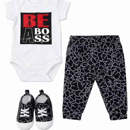 Baby Boy 3-Piece Outfit Set (Bodysuit, Printed Pants & Shoes)