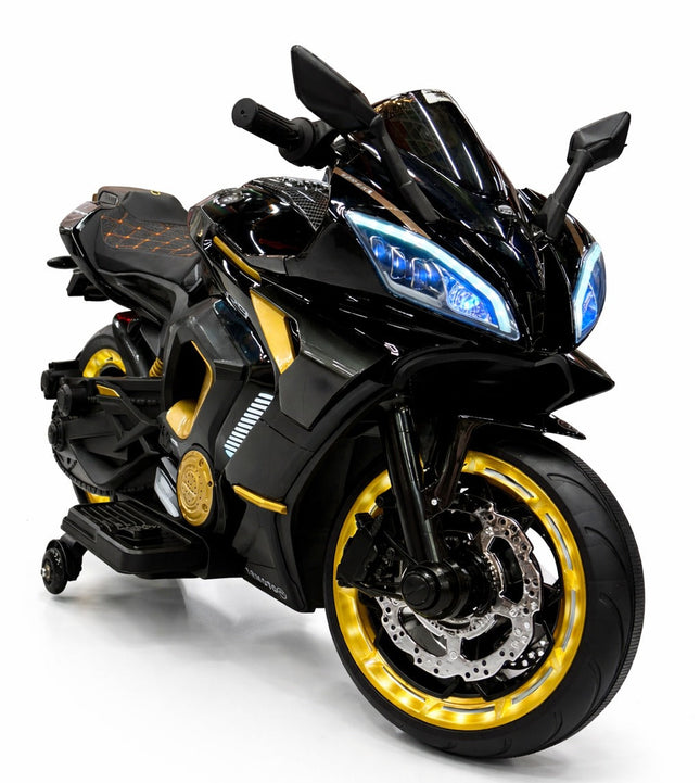 Luxury Kids Electric BIKE 3188 Ride-On Sport Bike with LED Lights & Training Wheels – Black & Gold