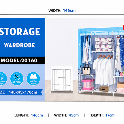 Portable Wardrobe Closet – Dustproof Clothes Storage Organizer with Hanging Rods & Multi-Tier Shelves