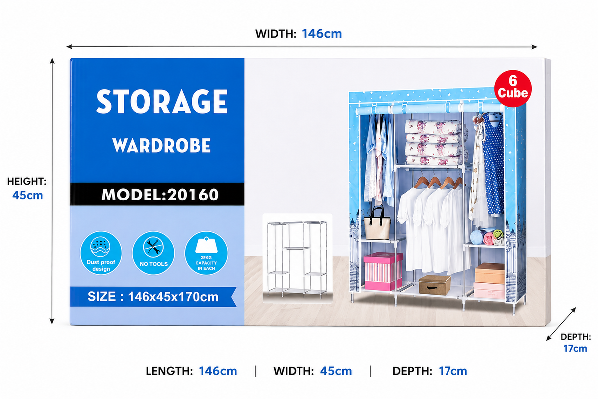Portable Wardrobe Closet – Dustproof Clothes Storage Organizer with Hanging Rods & Multi-Tier Shelves