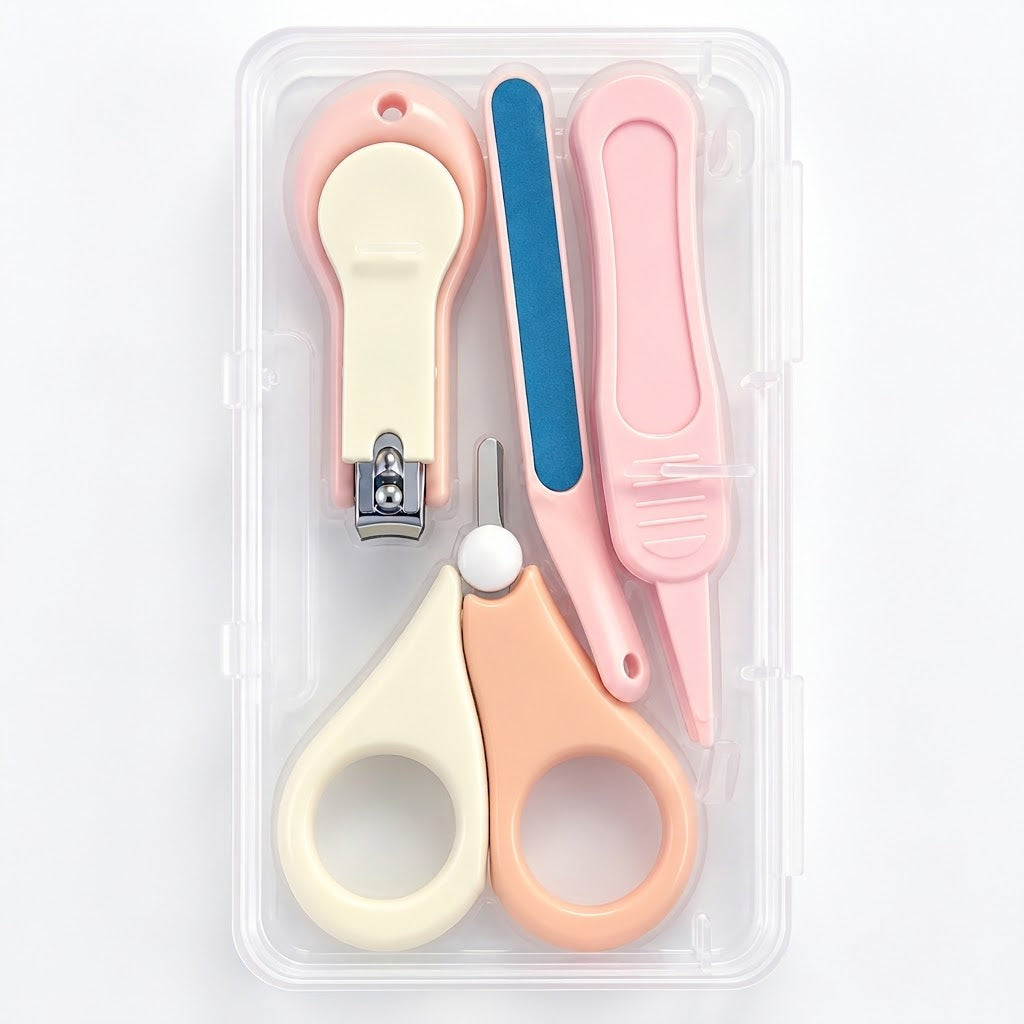 A 5-piece pedicure kit in a clear plastic case, featuring pastel pink and cream tools with a blue nail file, on a white background.