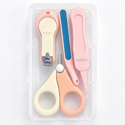 A 5-piece pedicure kit in a clear plastic case, featuring pastel pink and cream tools with a blue nail file, on a white background.