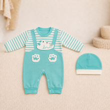 Baby Dinosaur Early-Winter Romper Set with Cap – Turquoise & White