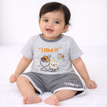 Kids Summer Cotton T-Shirt & Shorts Set – “I Like It” Cartoon Print (Grey)