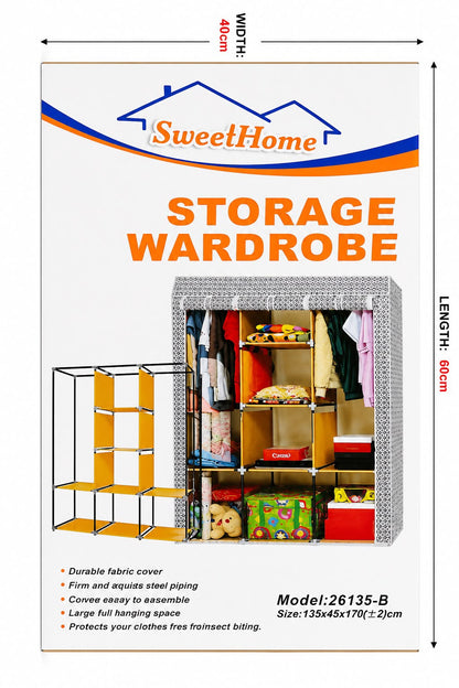 Portable Modular Fabric Wardrobe Closet – Multi-Compartment Clothes Organizer with Hanging Space & Storage Shelves
