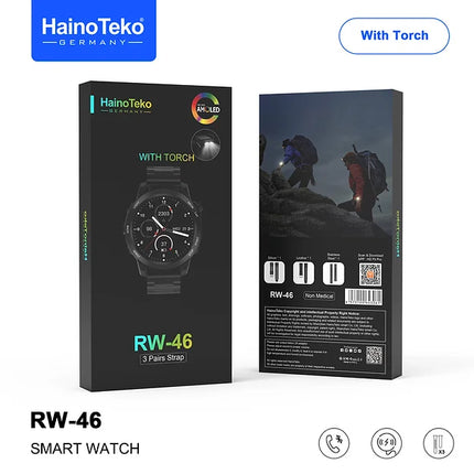 Haino Teko Germany RW46 Roundshape AMOLED Display Smart Watch With Built inTorch 3 Pair Straps and Wireless Charger Designed For Gents and Boys Black