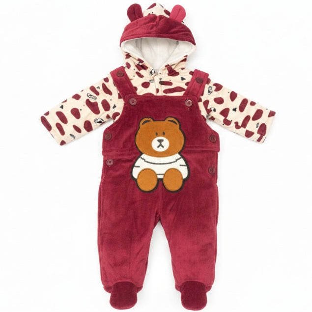 2-Piece Burgundy Baby Bear Jumpsuit and Hooded Overall Set