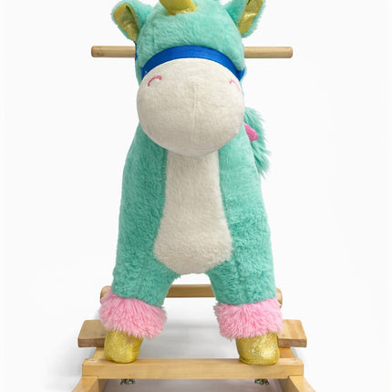 Kids Plush Unicorn Rocking Ride-On with Wheels – Soft Wooden Rocker Toy (Mint Green & Pink)