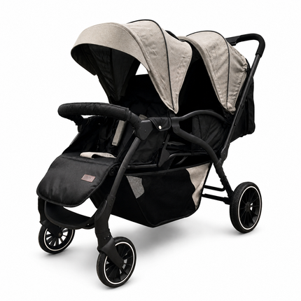 Twin Baby Stroller with Dual Canopies & Large Storage Basket – Beige & Black