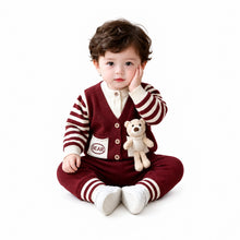 Baby Boys’ Teddy Bear Knitted Winter 2-Piece Set – Maroon & Cream
