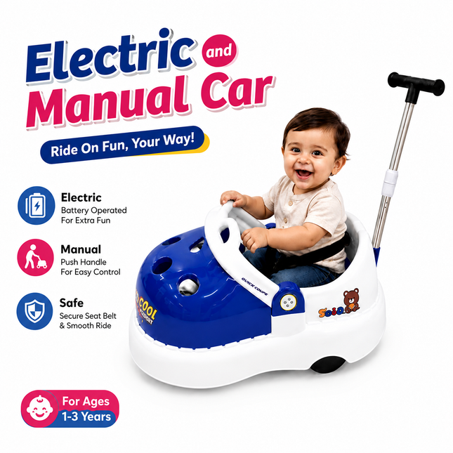 Electric & Manual Ride-On Push Car for Kids with Parent Handle – blue