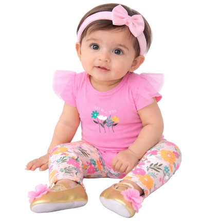 Floral Garden Baby Girl 3-Piece Outfit Set – Pink Bodysuit, Printed Leggings & Matching Shoes