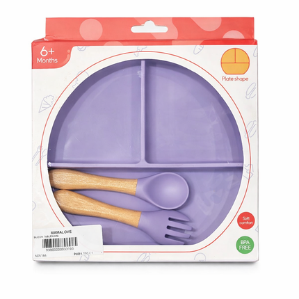 Baby Silicone Feeding Set with Divided Plate & Wooden Spoon – BPA Free (6+ Months)