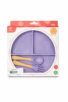 Baby Silicone Feeding Set with Divided Plate & Wooden Spoon – BPA Free (6+ Months)