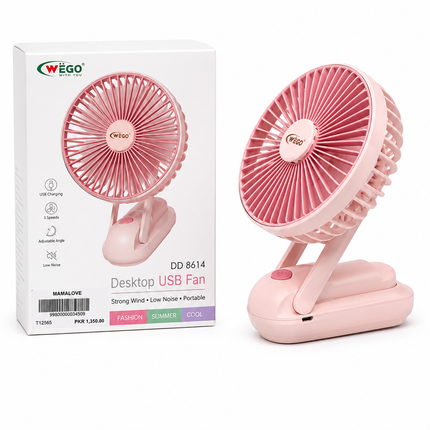 WEGO Rechargeable Desktop USB Fan DD8614 – Portable Foldable Cooling Fan with Adjustable Angle (Pink)  Product Description