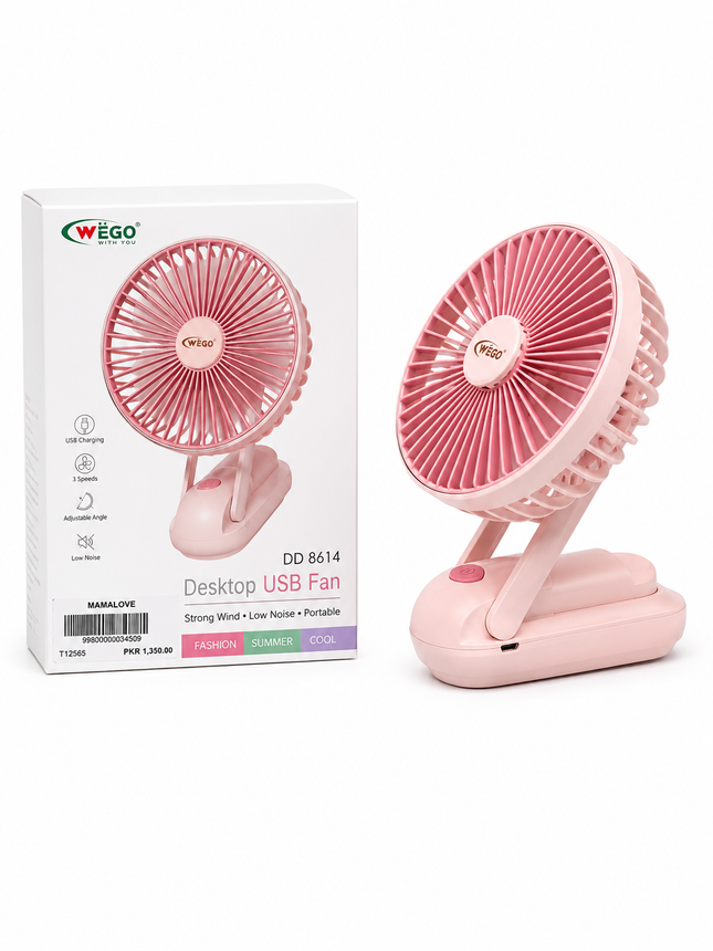 WEGO Rechargeable Desktop USB Fan DD8614 – Portable Foldable Cooling Fan with Adjustable Angle (Pink)  Product Description