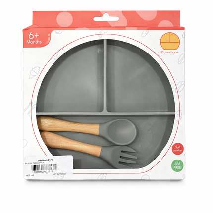 Baby Silicone Feeding Set with Divided Plate & Wooden Spoon – BPA Free (6+ Months)