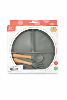 Baby Silicone Feeding Set with Divided Plate & Wooden Spoon – BPA Free (6+ Months)
