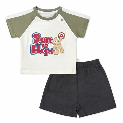 Baby Boy "Sun is Hope" Sage Green Raglan T-Shirt & Charcoal Shorts 2-Piece Summer Set