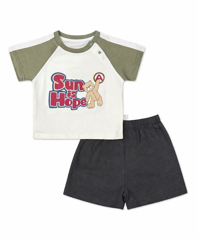 Baby Boy "Sun is Hope" Sage Green Raglan T-Shirt & Charcoal Shorts 2-Piece Summer Set