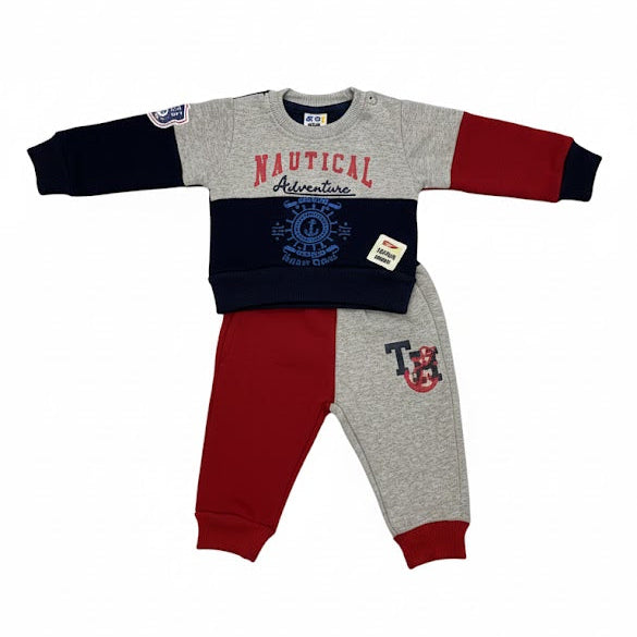 Boys Nautical Adventure Sweatshirt & Jogger Set – Navy, Red & Grey (2-Piece Outfit)