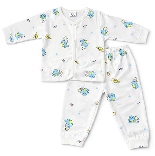 Newborn Baby 2-Piece fleece cotton – Dinosaur Space Print Shirt & Trouser Set (White)
