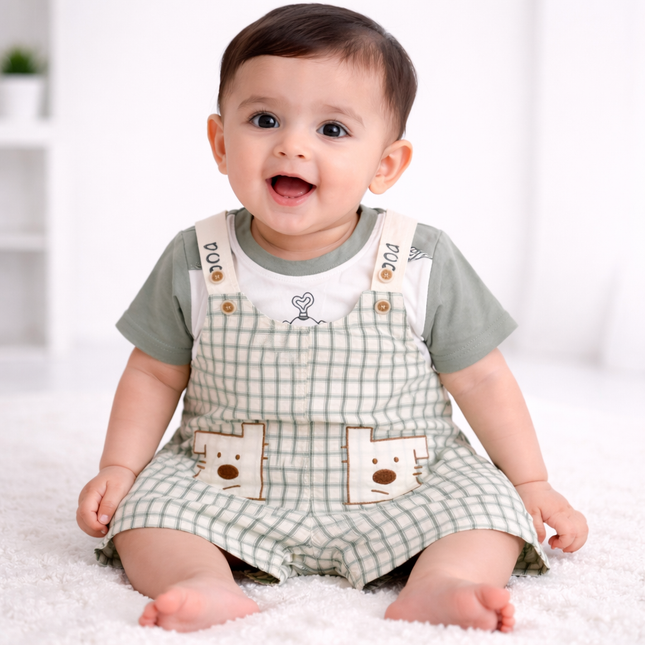 Bear Pocket Check Baby Boy 2-Piece Dungaree Set (T-Shirt & Short Overalls – Light Green)