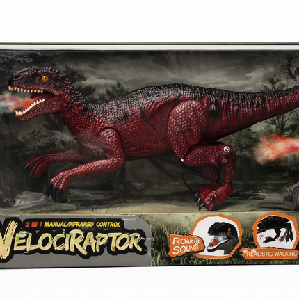 Remote Control Velociraptor Dinosaur Toy with Spray, Lights & Roar Sounds (2-in-1 Control)