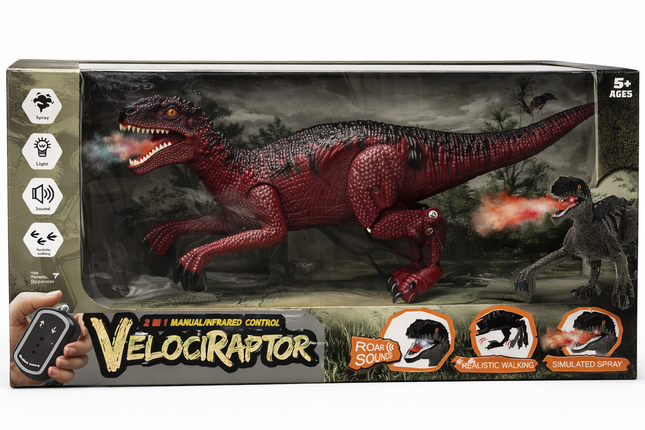 Remote Control Velociraptor Dinosaur Toy with Spray, Lights & Roar Sounds (2-in-1 Control)