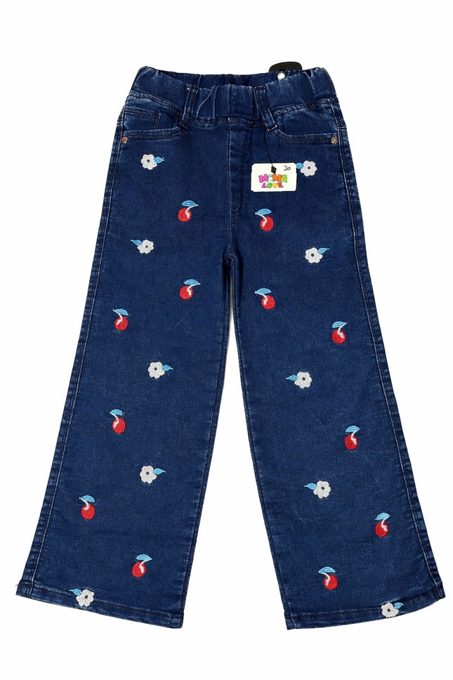 Girls Dark Blue Denim Jeans with Cherry & Floral Print (Kids)