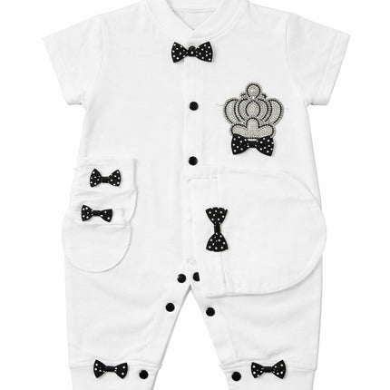Elegant Baby Boy White Romper with Crown Embellishment & Bow Tie Detail