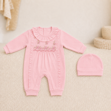 Floral Embroidered Early-Winter Romper Set with Cap – Pink