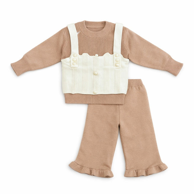 Cute Knit Baby Outfit Set for 0–12 Months – Camel Brown Sweater & Cream Vest Style Two-Piece Set