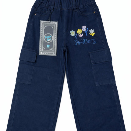Girls Navy Blue Cargo Pants – Wide Leg Fit with Floral Embroidery (Pink Berry)