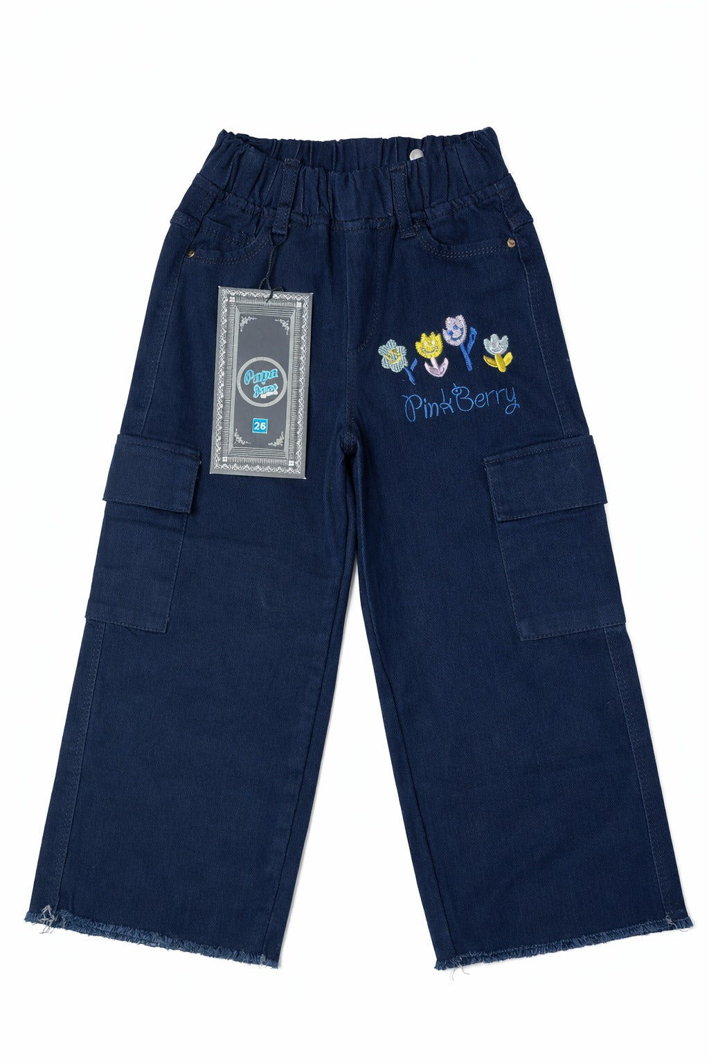 Girls Navy Blue Cargo Pants – Wide Leg Fit with Floral Embroidery (Pink Berry)