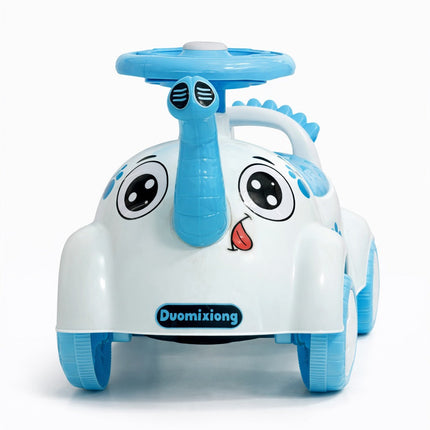 Kids Elephant Ride-On Push Car – Cute Baby Scooter with Steering Wheel & Backrest (Blue/White)
