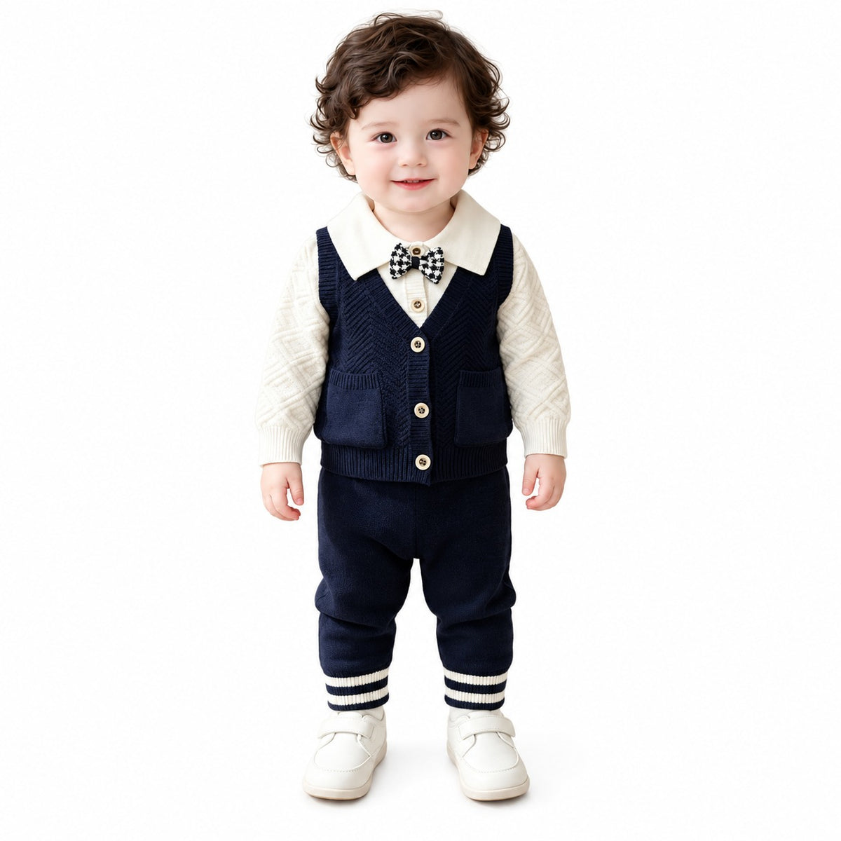 Baby Boys’ Gentleman Bow-Tie Knitted Winter 2-Piece Set – Navy Blue